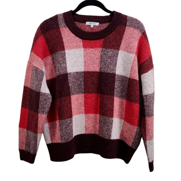 Madewell Fenimore Red Plaid Pullover Sweater Alpaca Wool Blend size medium - Picture 2 of 9